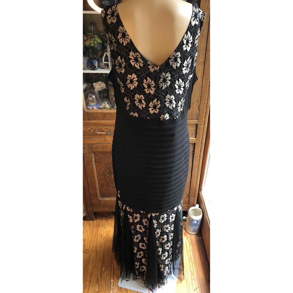 Candolite Black Gold Lace Overlay Maxi Evening Dress Trumpet Hem  Large - Picture 13 of 15
